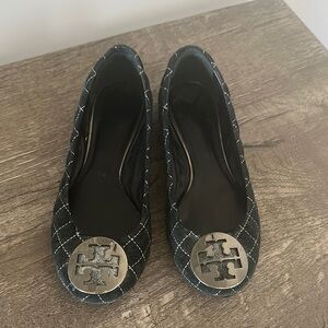 Well worn Tory Burch ballet flats black and silver quilted velvet 7